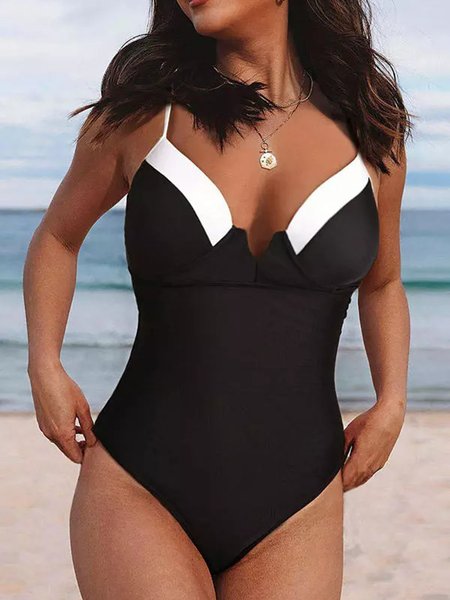 V Neck Vacation Color Block One-Piece, Black, swimwear>>One-Pieces
