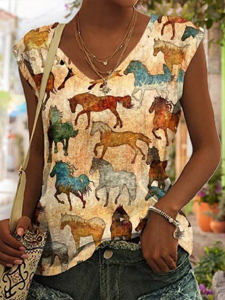 

Vintage Western Print Sleeveless Tank Top, Brown, T-Shirts