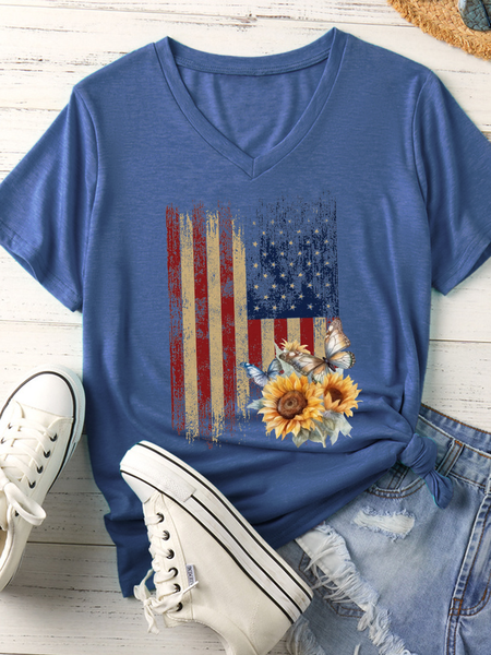 

Women's Retro America Flag 4th Of July Casual V Neck Cotton-Blend T-Shirt, Dark blue, T-shirts