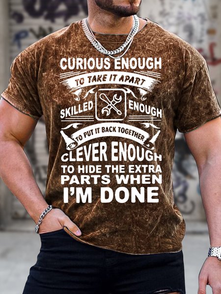 

Men's Curious Enough To Take It Apart Skilled Enough To Put It Back Together Funny Graphic Printing Crew Neck Casual Loose Text Letters T-Shirt, Brown, T-shirts