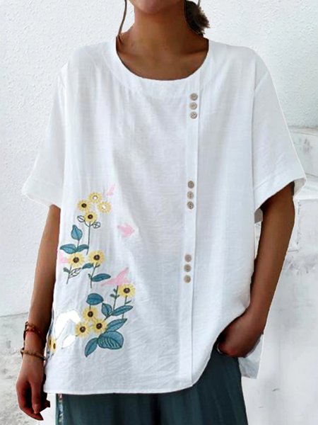 

Women Irregular Breasted Floral Print Crew Neck Cotton Casual Loose Blouse, White, Blouses & Shirts
