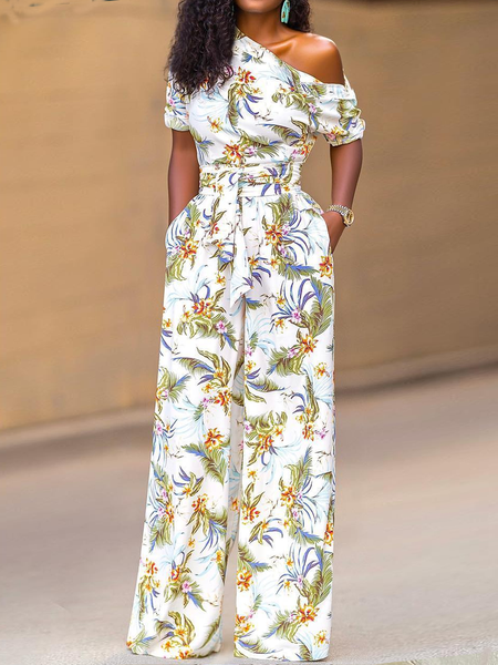 

Asymmetrical Casual Floral Jersey Jumpsuit, White, Jumpsuits＆Rompers