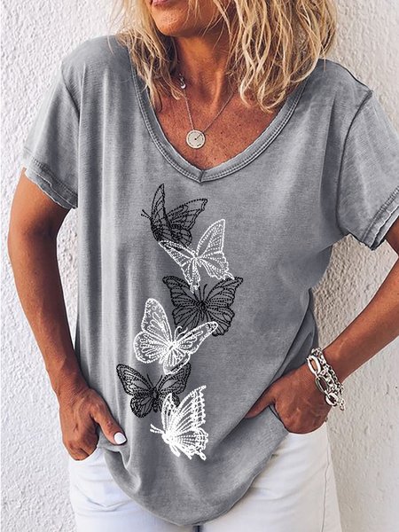 

Women's Casual Crew Neck Butterfly T-Shirt, Gray, T-shirts