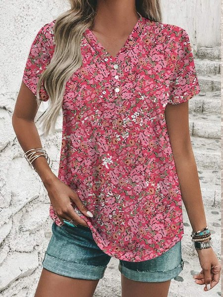 

Floral V Neck Jersey Casual Shirt, Red, Shirts & Blouses