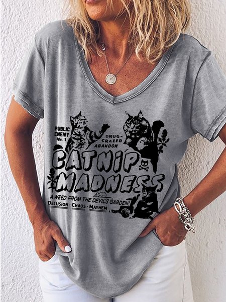 Women‘s Catnip Madness Cute Cat T-Shirt, Gray, T-shirts