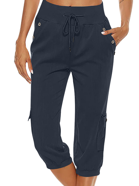 

Capri Pants for Women Fashion Casual Solid Color Elastic Loose Straight Trousers Pants with Pocket, Navyblue, Pants