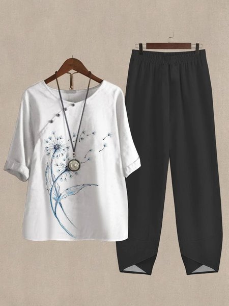 

Linen Dandelion Loose Two-Piece Set, Black-white, Suit Set