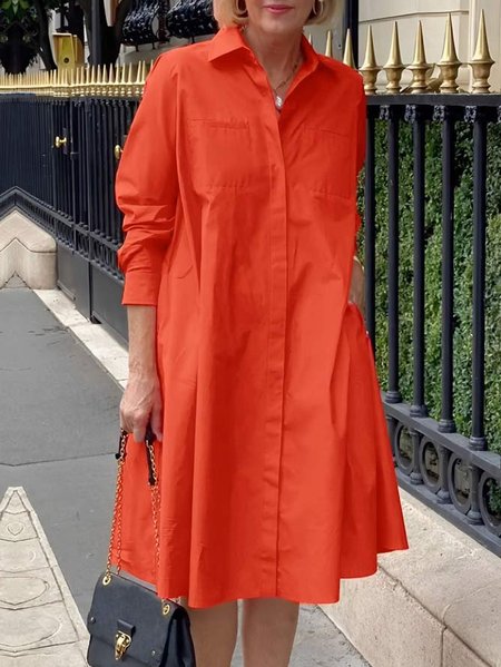 

Simple Plain Loose Pockets Shirt Dress, Orange red, Midi Dresses
