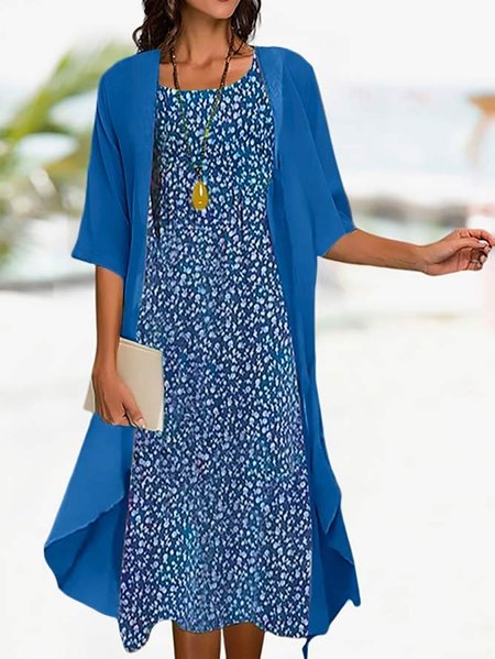

Vacation Loose Crew Neck Floral Two-Piece Set, Blue, Casual Dresses