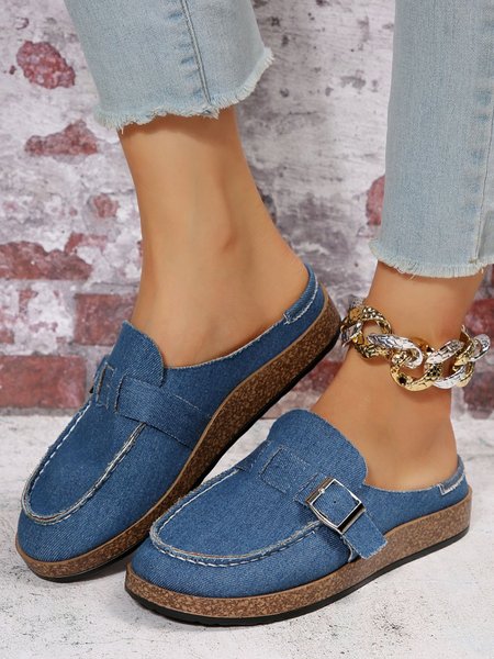 

Blue Denim Buckle Decor Casual Mules, Flats