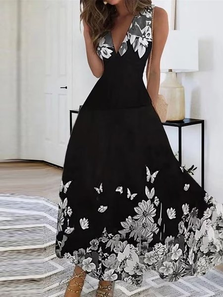 

Floral V Neck Loose Casual Dress, Black, Dresses