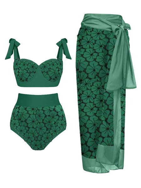 

Elegant Scoop Neck Floral Printing Bikini With Cover Up, Green, swimwear>>Bikini Sets