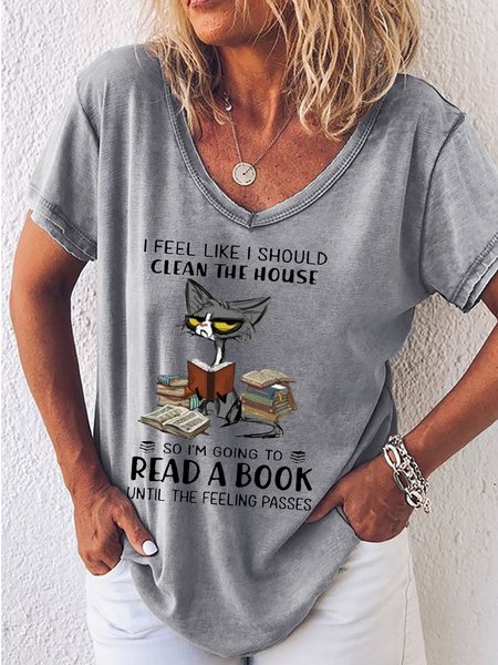 

Women's Reading Lover Cat Print Crew Neck Casual T-Shirt, Gray, T-shirts