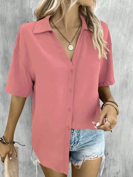 

Casual Loose Shirt Collar Plain Blouse, Dusty pink, Tops
