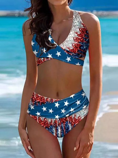 

Printing America Flag Vacation V Neck Bikini, Multicolor, swimwear>>Bikini Sets