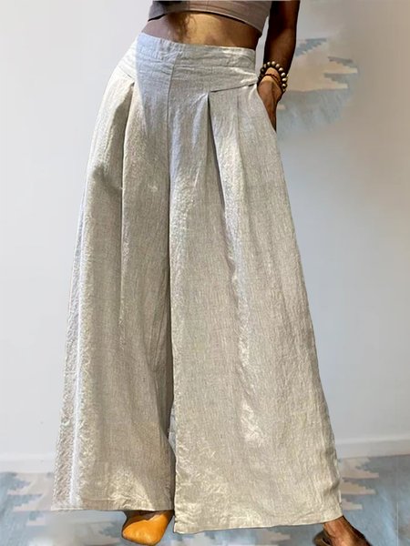 

Women Casual Plain High Waist Loose Wide Leg Pants, Khaki, Pants