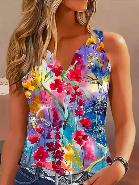 

V Neck Loose Casual Floral Tank Top, Pink, Tanks & Camis