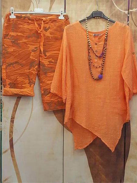 

Casual Buttoned Linen Loose Two-Piece Set, Orange red, Suit Set