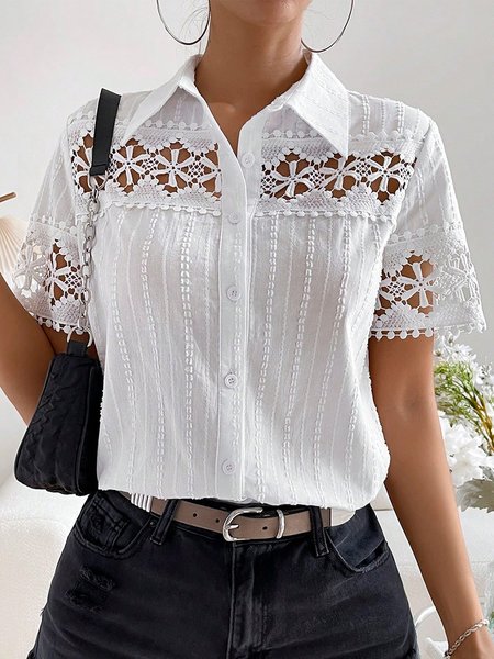 

Loose Lace Shawl Collar Casual Blouse, White, Shirts & Blouses