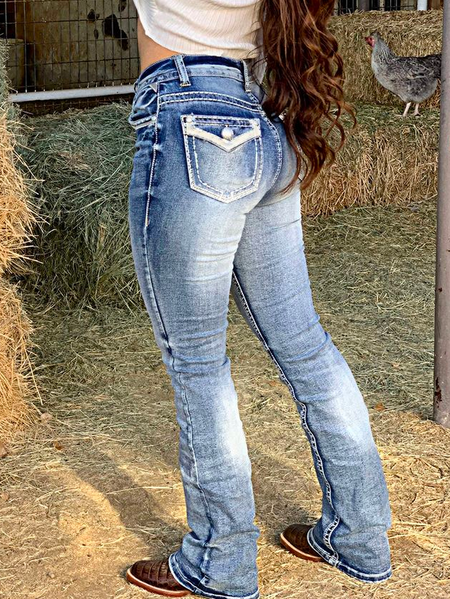 

Denim Buttoned Casual Plain Washed Flap Pocket Bootcut Jeans, Blue, Jeans
