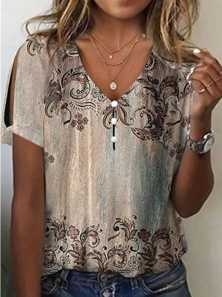 

Casual Floral V Neck Shirt, Khaki, Shirts & Blouses