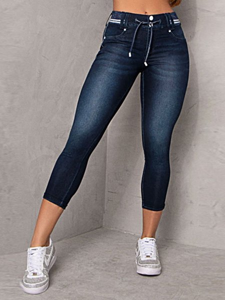 

Plain Regular Fit Denim Double Buttton Drawstring Capris Jeans, Blue, Jeans