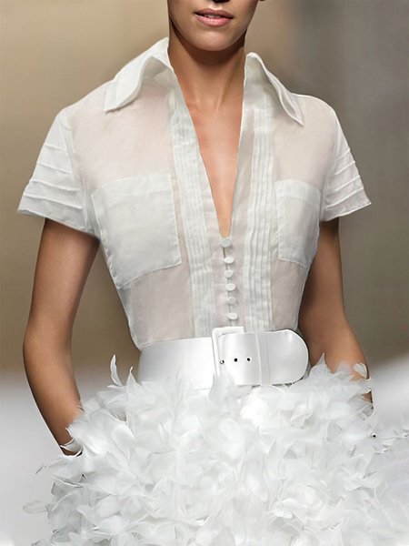 

Regular Fit Plain Urban Shirt Collar Blouse, White, Blouses and Shirts