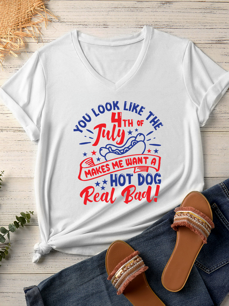 

Women‘s You Look Like The 4th Of July Make Me Wants A Hot Dog Real Bad V Neck T-Shirt, White, T-shirts