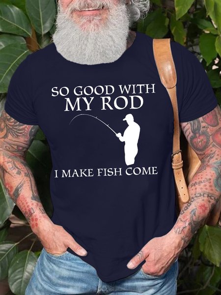 

Men's So Good With My Rod I Make Fish Come Funny Graphic Printing Casual Crew Neck Cotton T-Shirt, Purplish blue, T-shirts