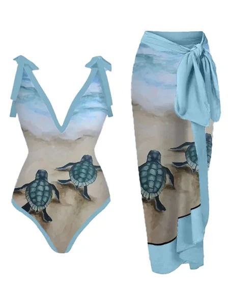 

Casual Animal Printing V neck One Piece With Cover Up, Blue, swimwear>>One-Pieces
