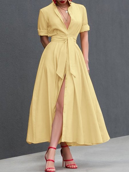 Plain Elegant Regular Fit Short Sleeve Shirt Collar Dress, Yellow, Midi Dresses