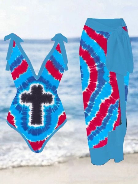 

Abstract V Neck Vacation One Piece With Cover Up, Blue, swimwear>>One-Pieces