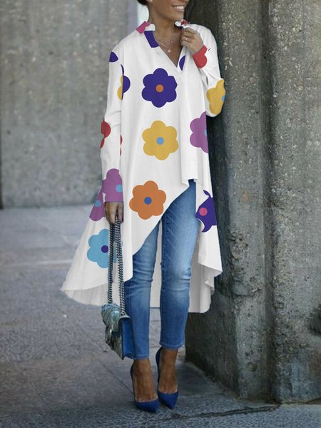 

Regular Size Shirt Collar Loose Floral Casual Blouse, White, Blouses and Shirts