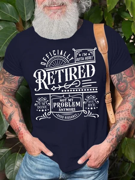 

Men's Officially I Am Outta Here Retired Not My Problem Anymore I Am Done Bye Bye Funny Graphic Printing Cotton Text Letters Casual T-Shirt, Purplish blue, T-shirts