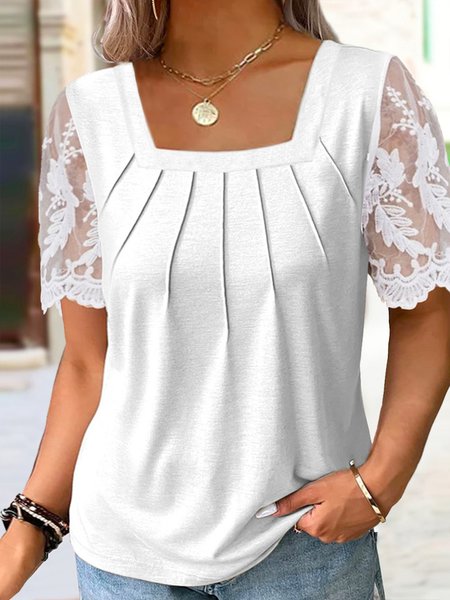 

Plus Size Square Neck Casual Lace Edge Plain Shirt, White, Shirts & Blouses