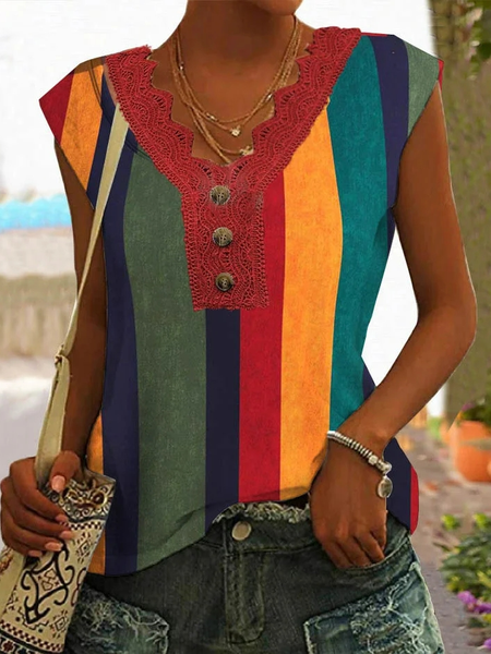 

V Neck Geometric Loose Casual Shirt, Red, Shirts & Blouses