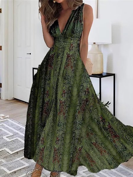 

Floral V Neck Casual Loose Dress, Deep green, Dresses