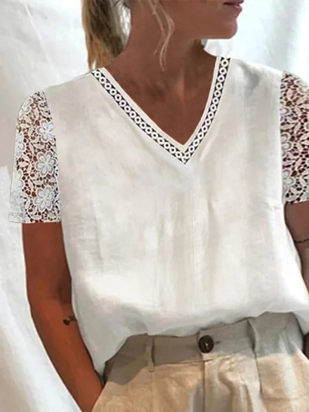 

Women Plain V-neck Lace Short Sleeve T-shirt, White, Tees & T-shirts