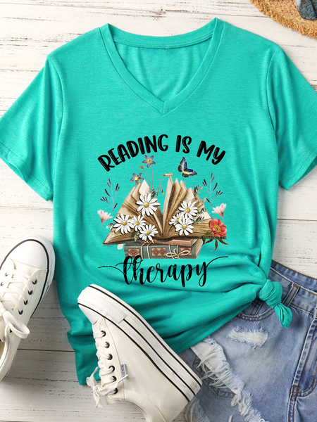 

Women's Reading Is My Therapy V Neck Casual Text Letters T-Shirt, Green, T-shirts
