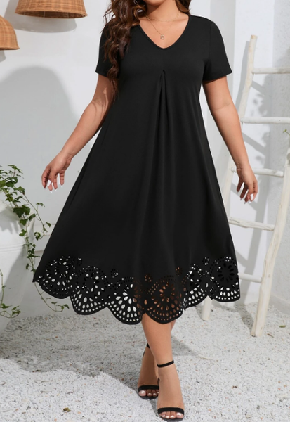 

Plain Regular Sleeve Devore Casual V Neck Dress With No, Black, Dresses
