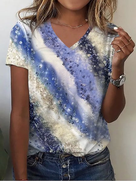 Abstract Print V Neck Casual Short Sleeve T-Shirt, Blue, T-shirts