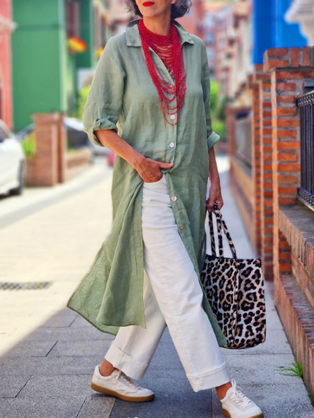 

Loose Casual Plain Shirt Collar Dress With No, Green, Dresses
