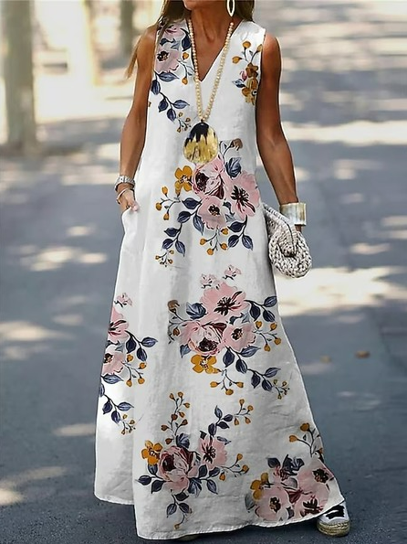 

V Neck Floral Casual Dress With No Belt, White, Dresses