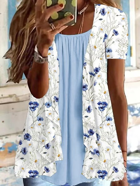 

Crew Neck Floral Elegant Loose Shirt, Blue, Shirts & Blouses
