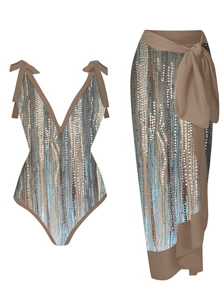 

Casual Abstract Printing V Neck One Piece With Cover Up, Brown, swimwear>>One-Pieces