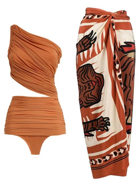 

Vacation Abstract Printing One Shoulder One Piece With Cover Up, Deep brown, Swimsuit with Coverups