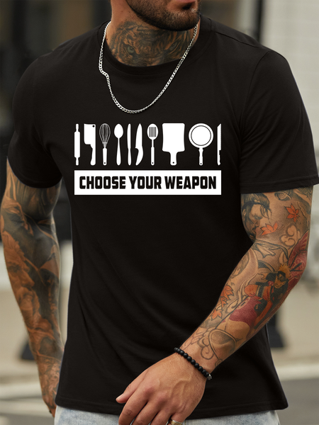 

Lilicloth X Hynek Rajtr Choose Your Weapon Men’s Funny Kitchen Casual Cotton T-Shirt, Black, T-shirts