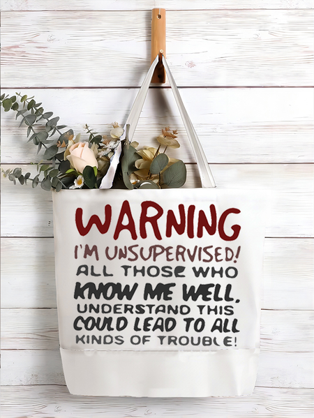 

Women's Funny Word Warning I'M Unsupervised Text Letters Shopping Tote, White, Bags