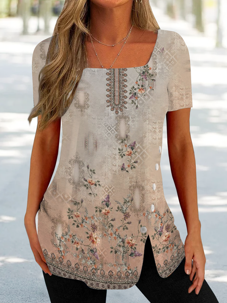 

Square Neck Casual Ethnic Shirt, Khaki, Shirts & Blouses