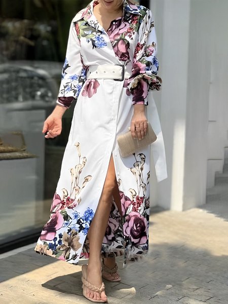 

Loose Floral Vacation Shirt Collar Dress With Belt, White, Maxi Dresses